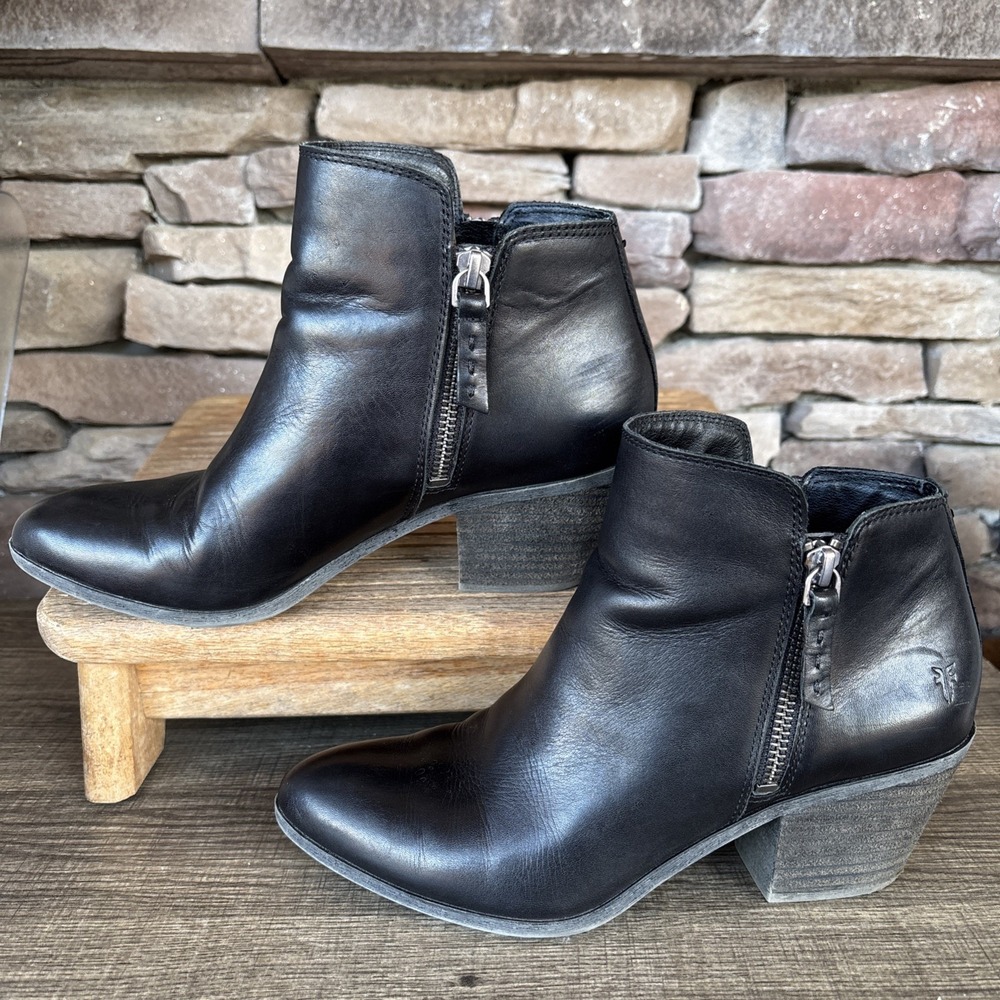 Frye Judith Double Zip Booties, Black Leather, Women's 7 EUC